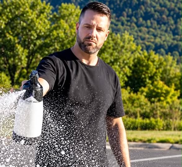 Propriétaire de ZEN Esthétique Auto appliquant la mousse active sur un véhicule