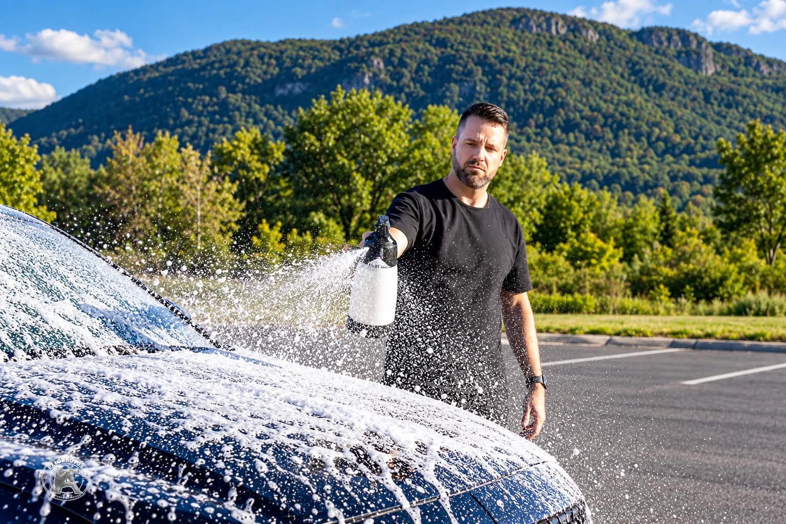Prélavage à la mousse active sur un véhicule foncé